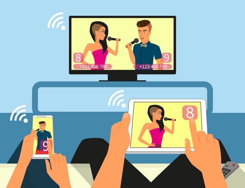 Multiscreen interaction. Man and woman are participating in TV singer show using smartphone and tablet pc. Contains EPS10 and high-resolution JPEG.